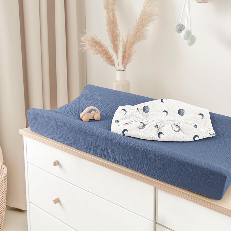 Bearmoss Changing Pad Cover, 2 Pack Muslin [100% Cotton] Diaper Changing Table Covers, 32'' x 16'' Soft Breathable Changing Pad Sheets for Unisex Baby Girls and Boys with Strap Holes (Bluemoon) - Image 4